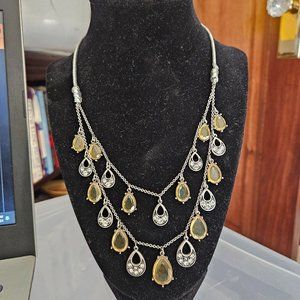 Double Layered silver and amber gemstone necklace